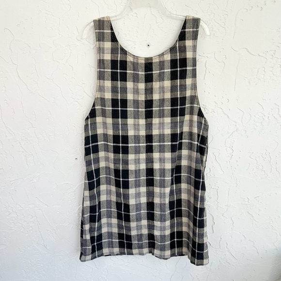 Vintage 90s Black Cream Plaid Pinafore Overall Dress Large Linen Blend - Picture 7 of 9